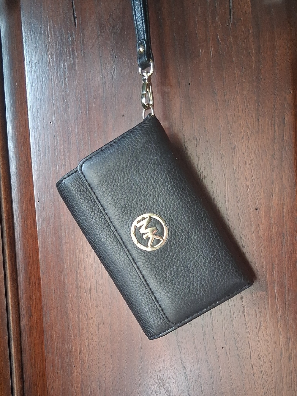 Michael Kors Black Pebbled Leather Wristlet with Gold MK Emblem